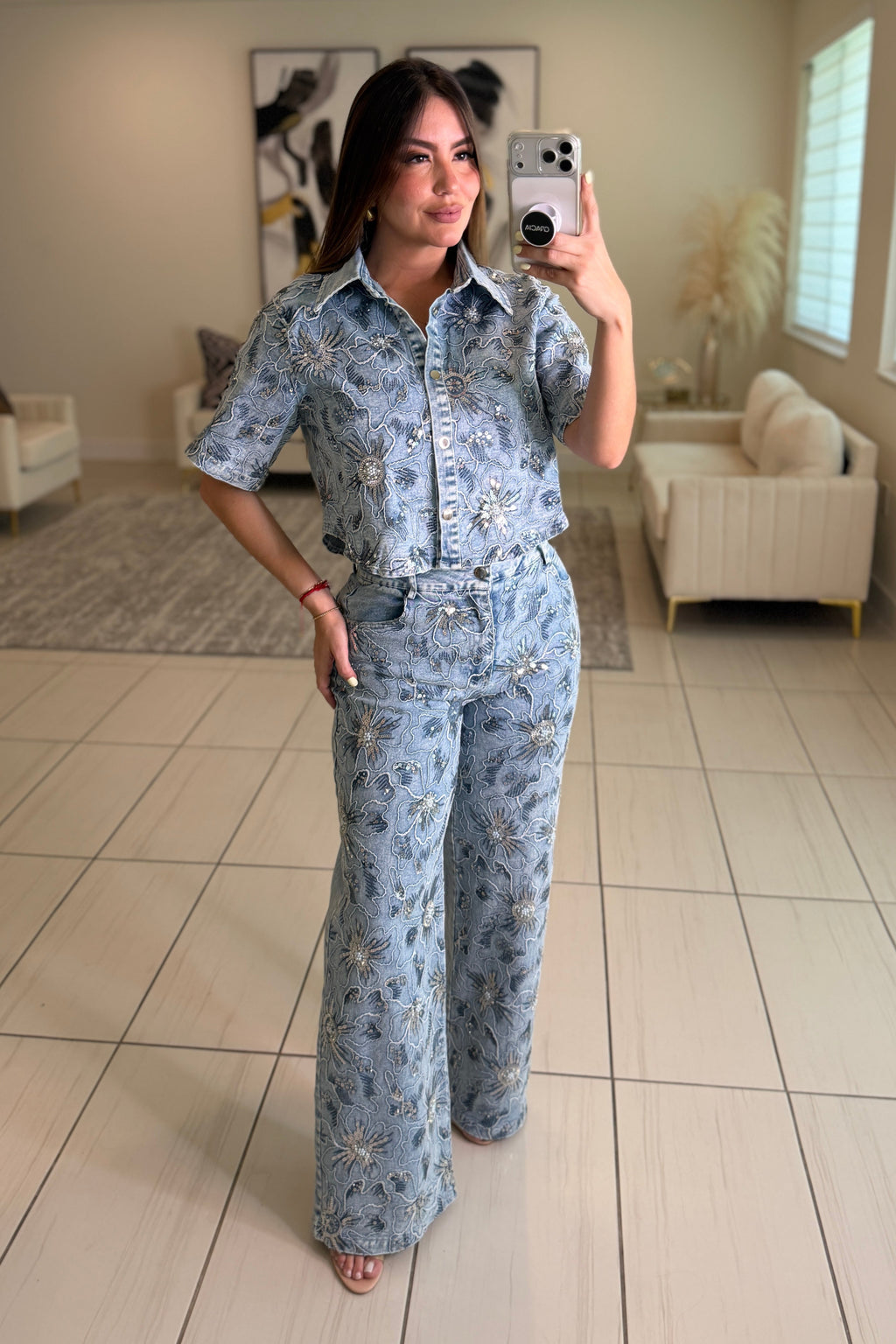 Blossom Sequin Denim Pant Set