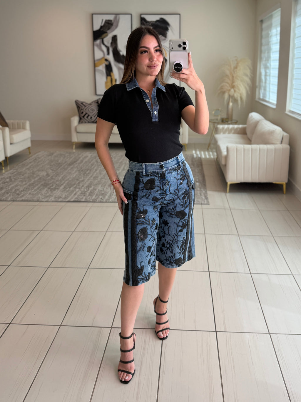 Midnight Bloom Denim Shorts Set