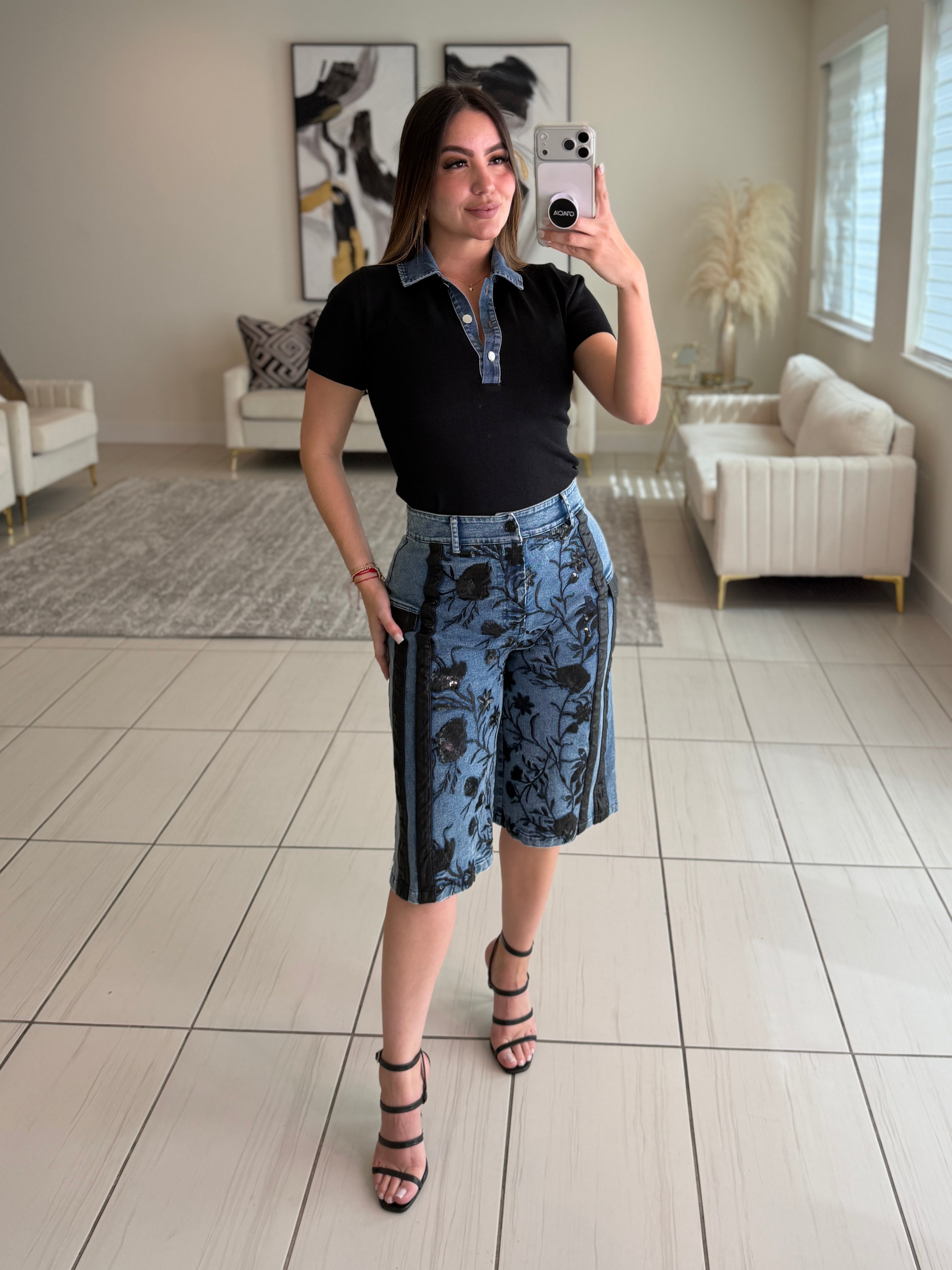 Midnight Bloom Denim Shorts Set