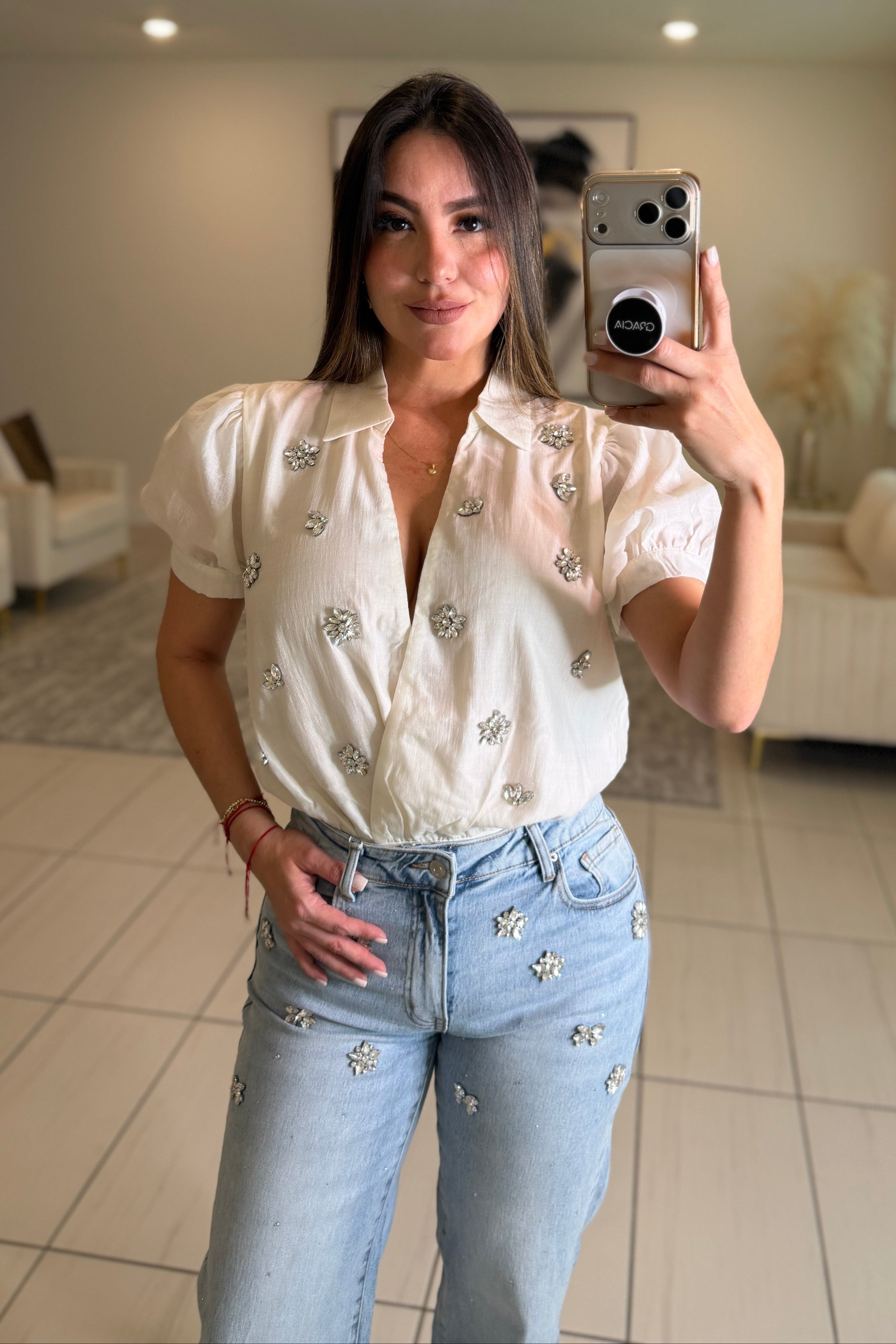 Sparkling Flowers Stones White Bodysuit