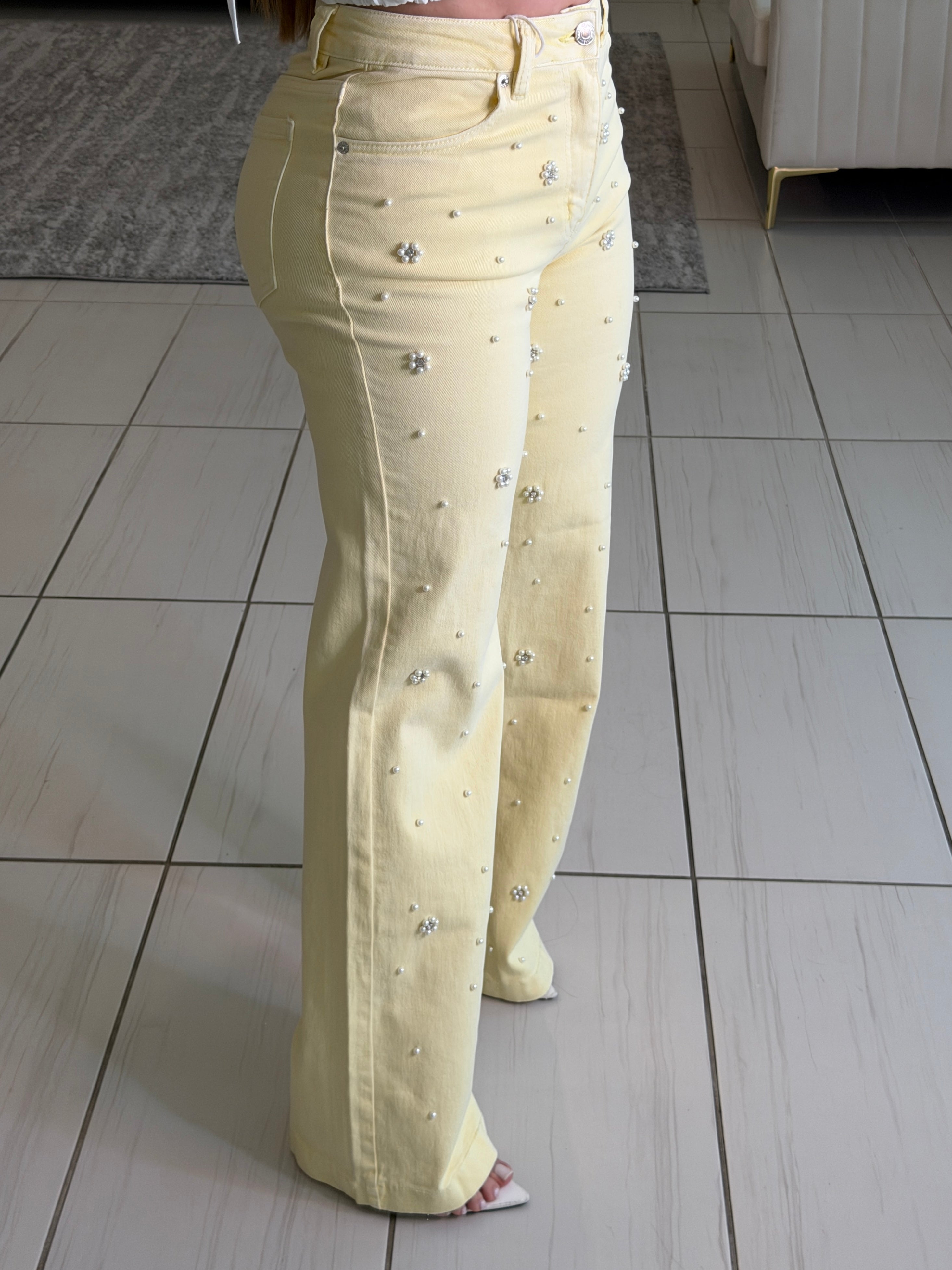 Sunlit Pearls Yellow Denim Pants