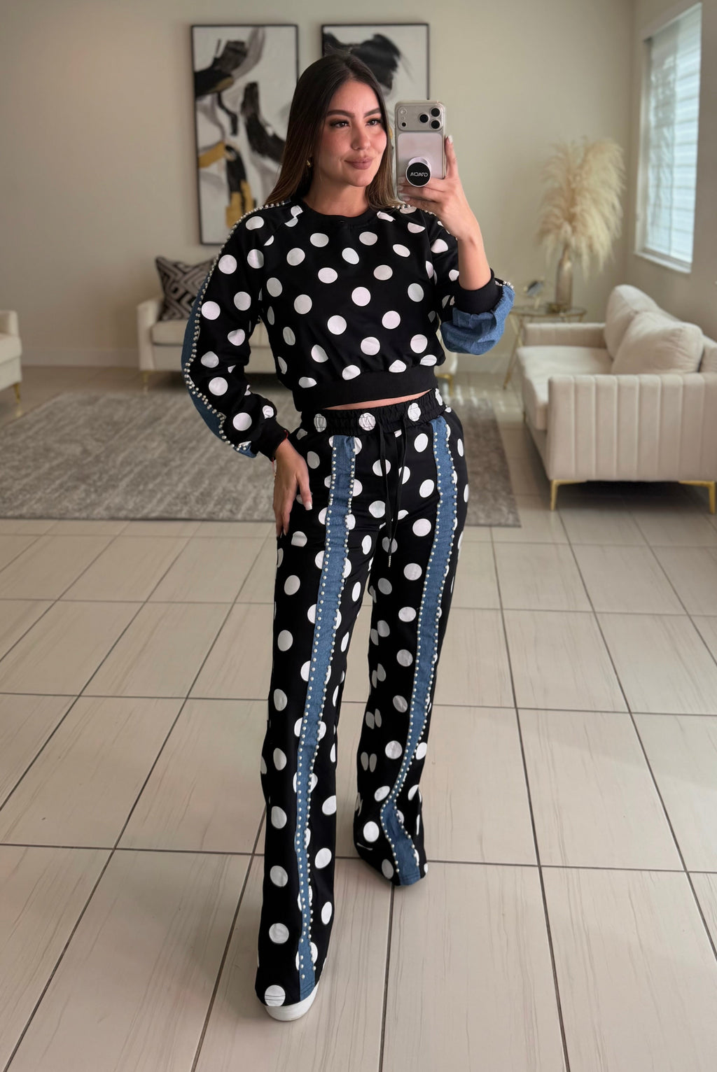 Polka Contrast Statement Black Pant Set