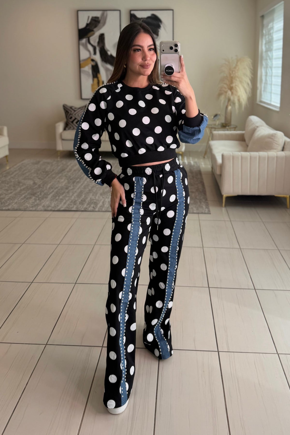 Polka Contrast Statement Black Pant Set