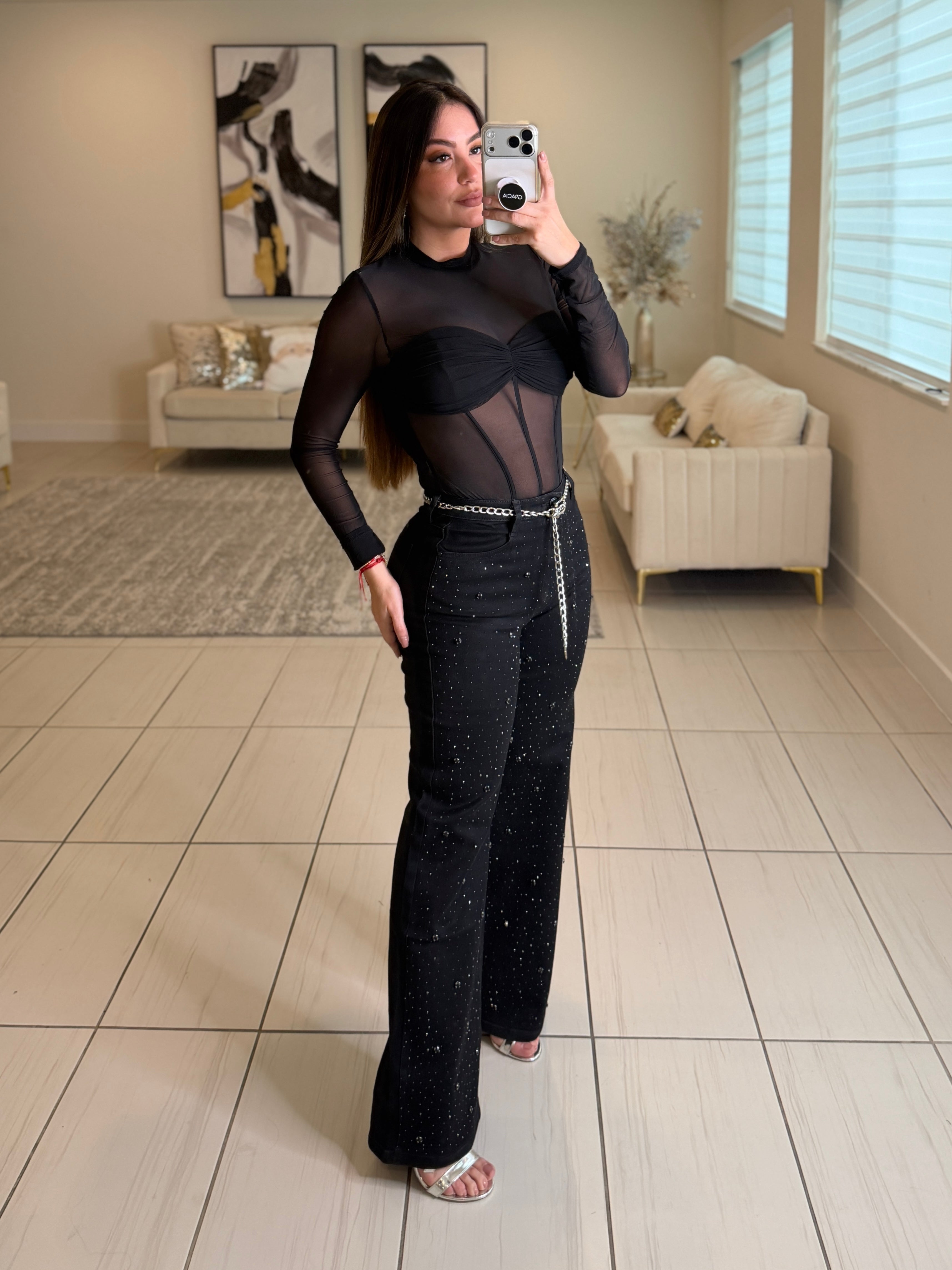 Night Code Rhinestones Black Denim Pants