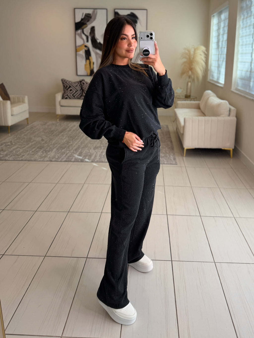 Soft Threat Rhinestone Black Pant Set