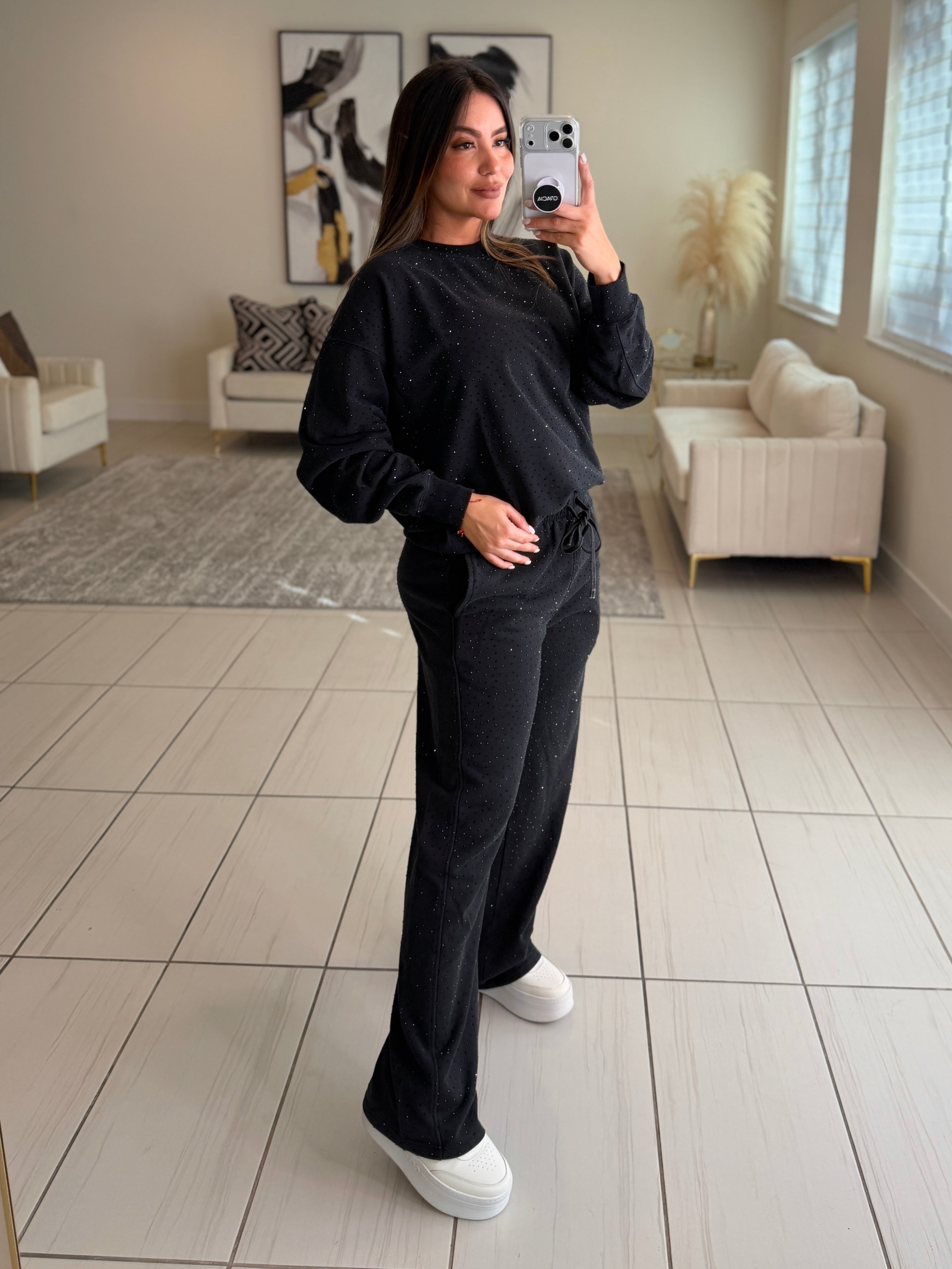 Soft Threat Rhinestone Black Pant Set