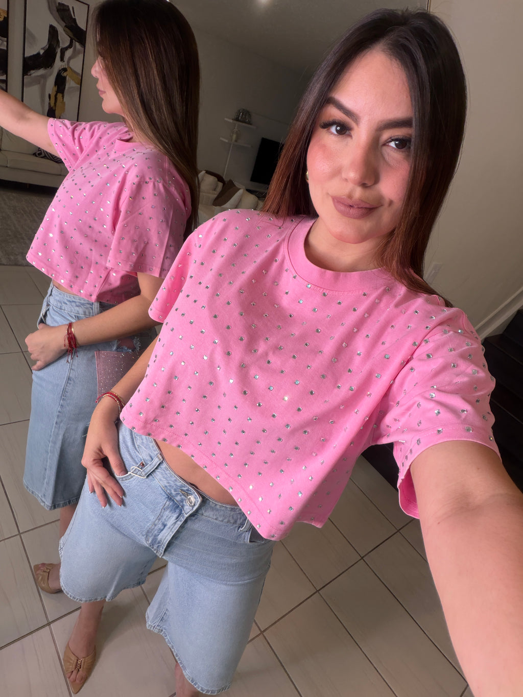 Glow Up Rhinestones Pink Top