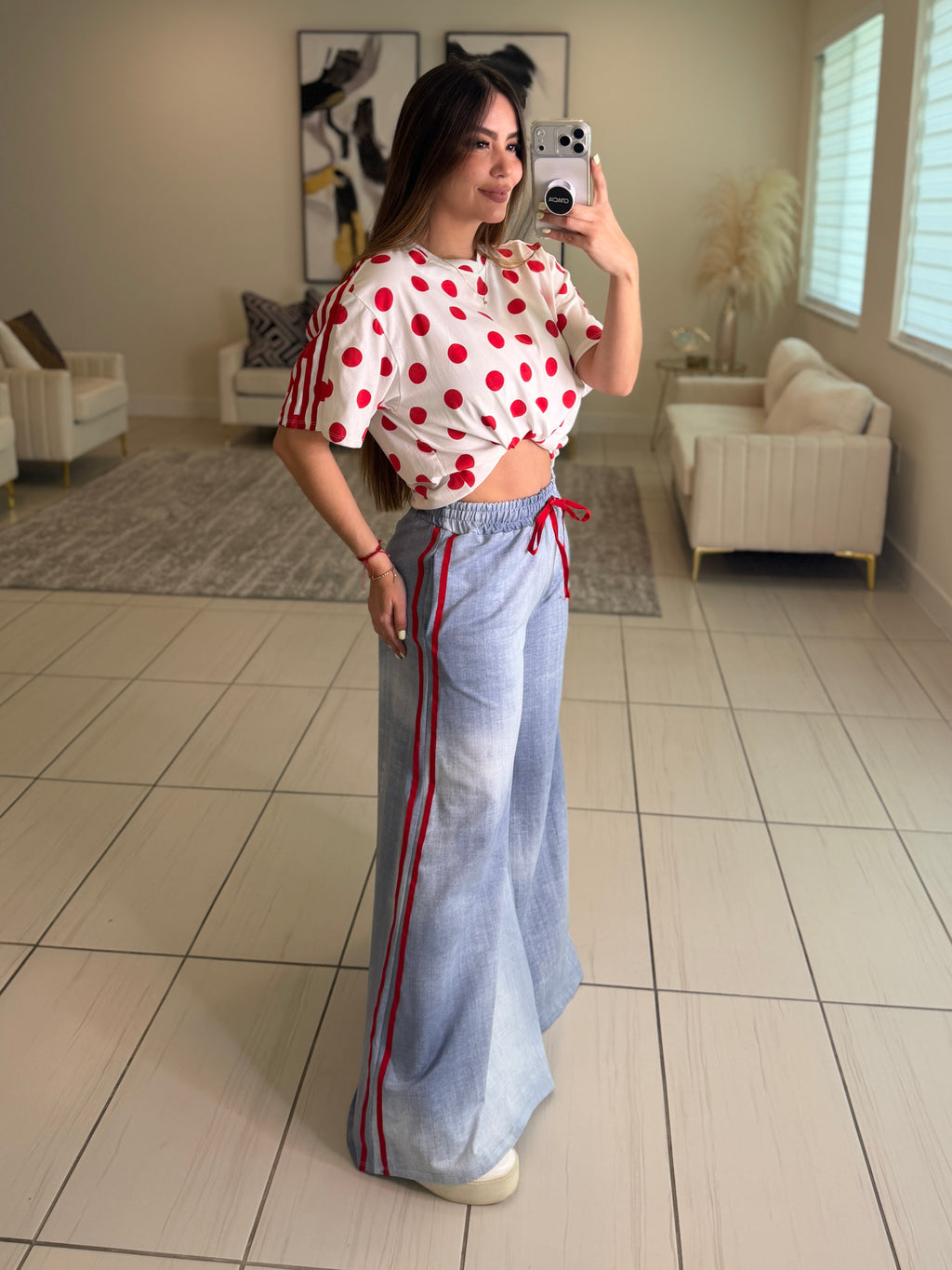 Red Stripes Flare Blue Pants