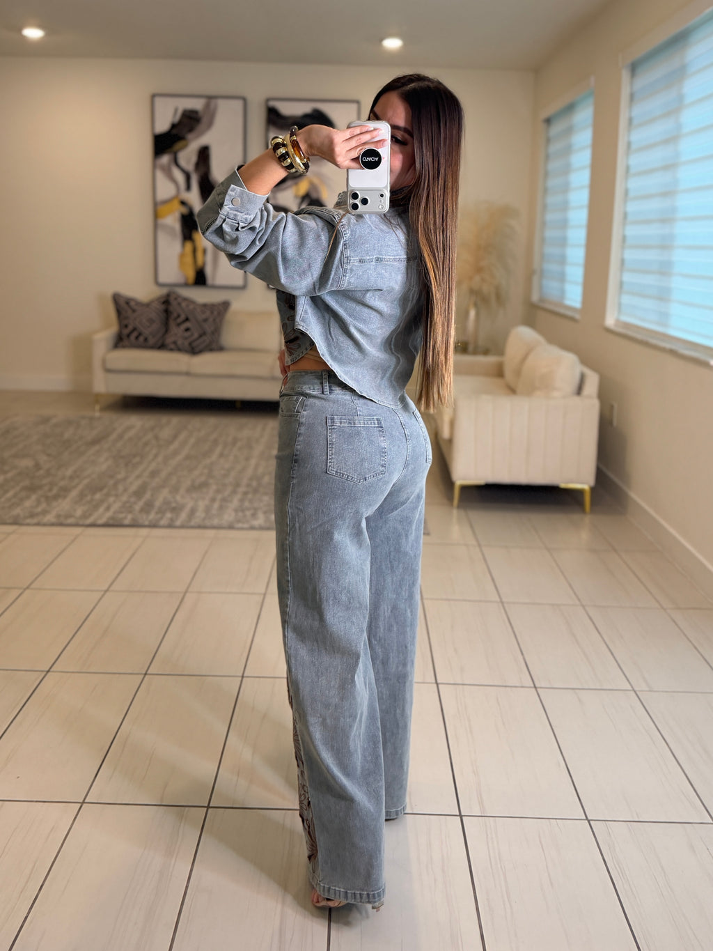 Brown Blossoms Denim Pant Set
