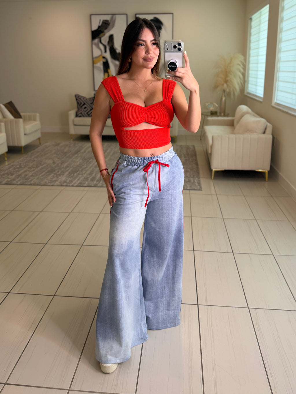 Red Stripes Flare Blue Pants