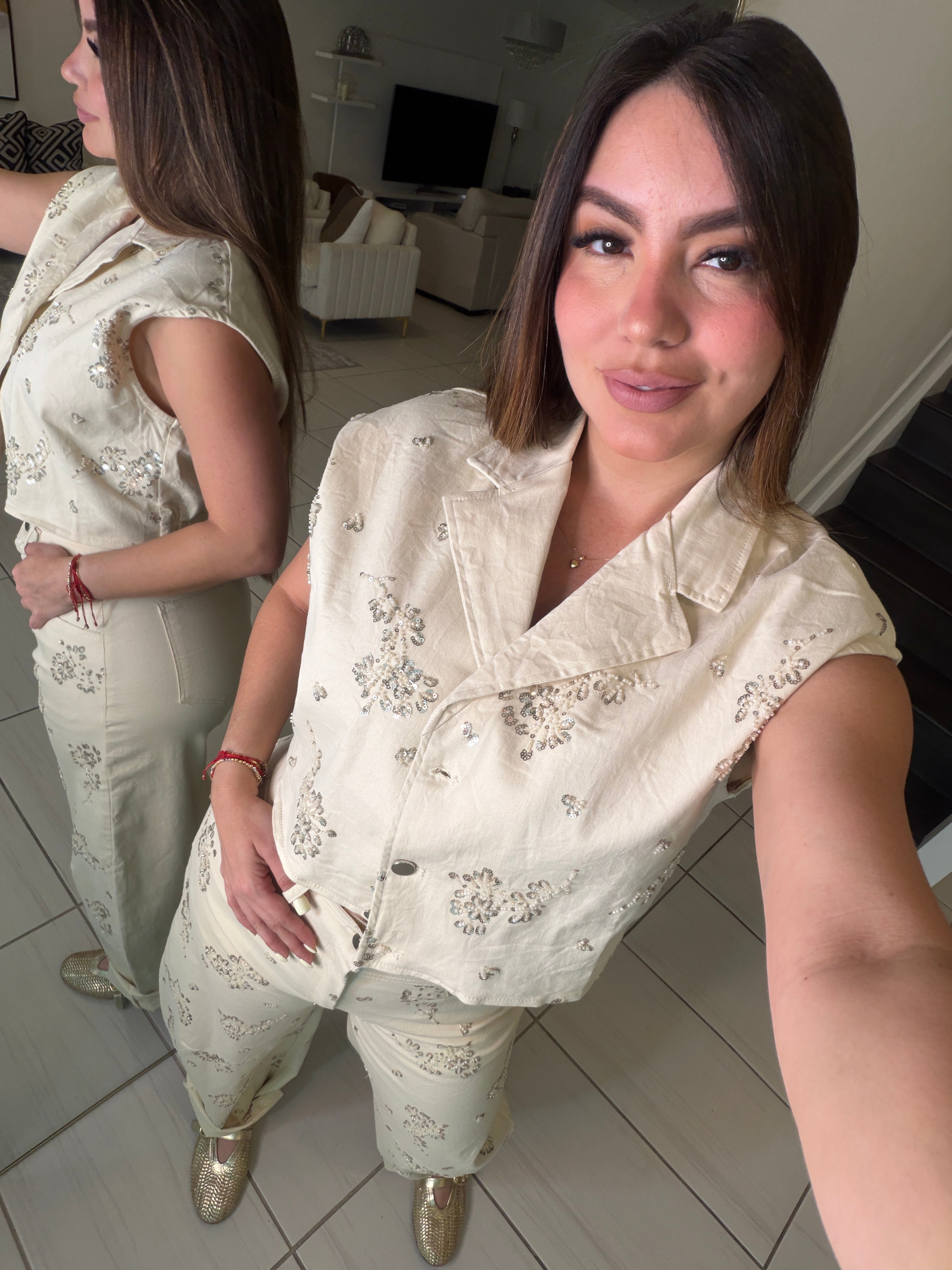 Blossom Sequin Beige Pant Set