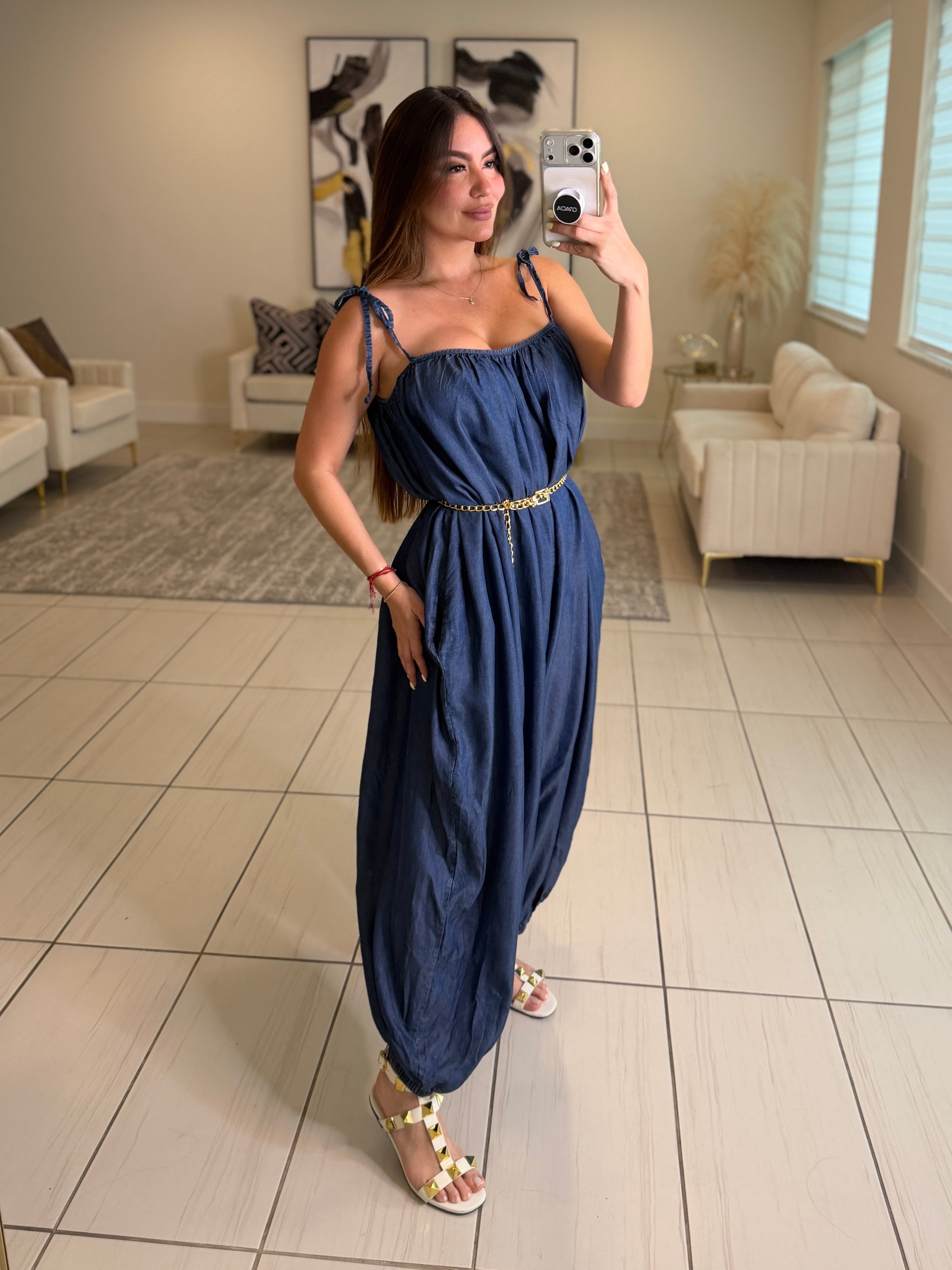 Effortless Essence Ruched Dark Denim Jumpsuit