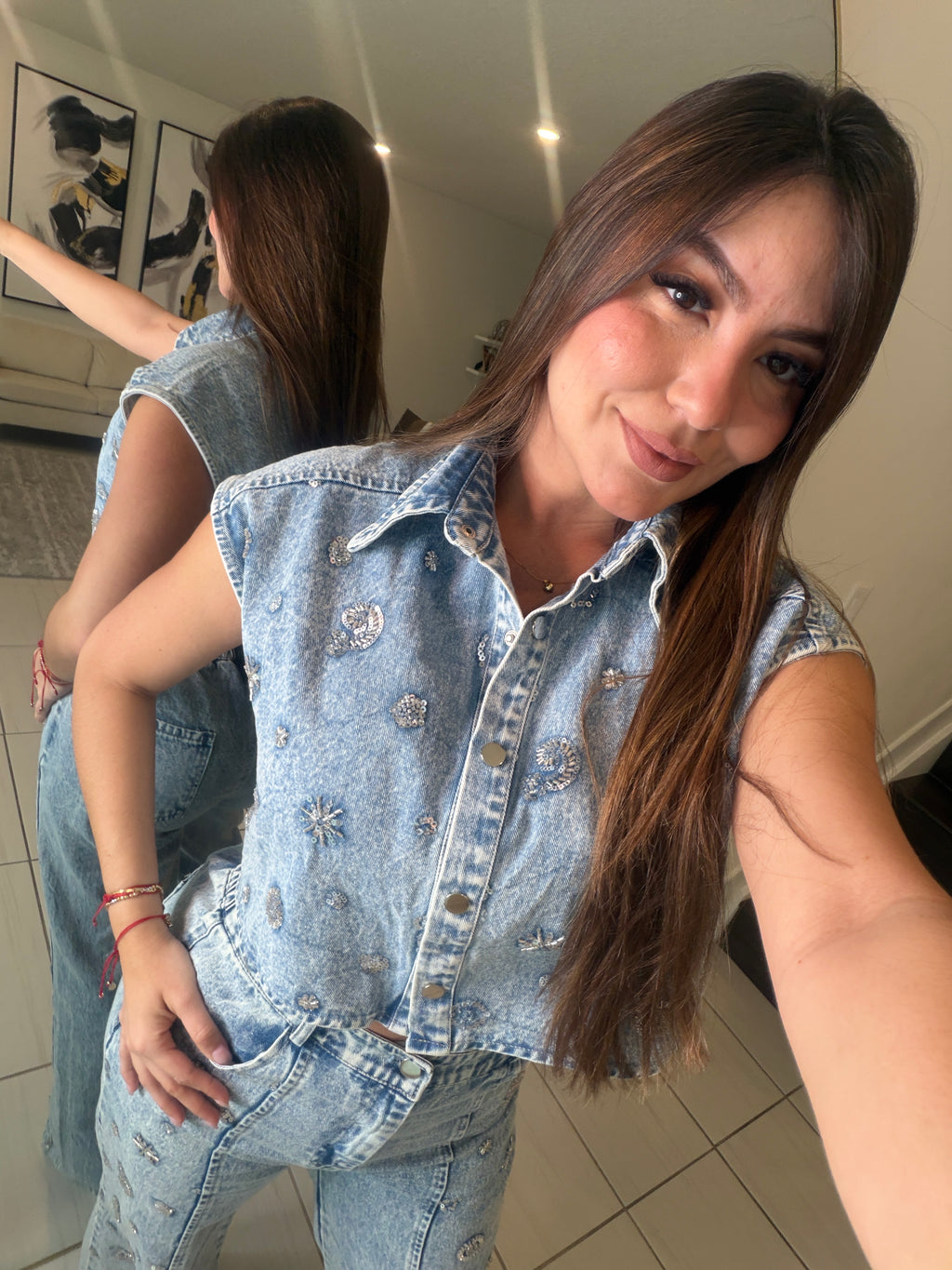 Perfect Silver Sequin Denim Pant Set