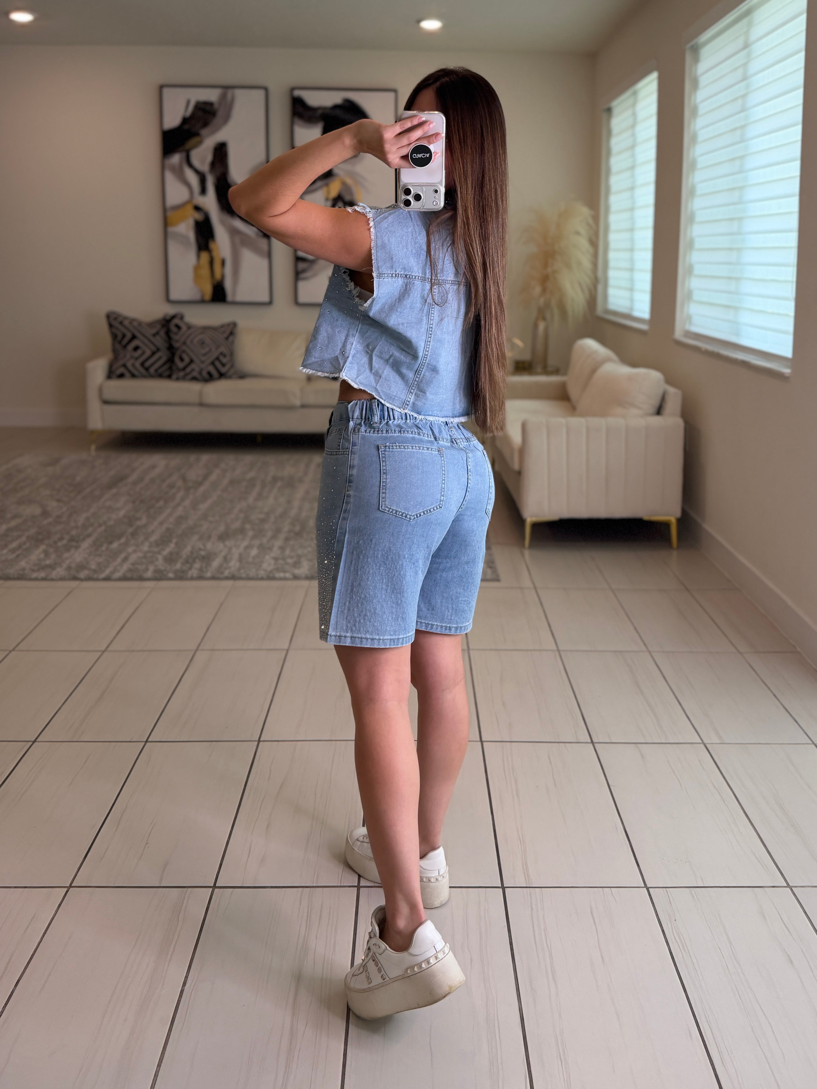 Rhinestones Muse Denim Short Set