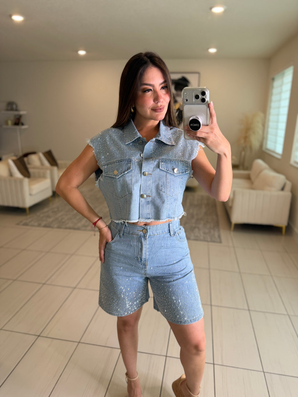 Rhinestones Muse Denim Short Set