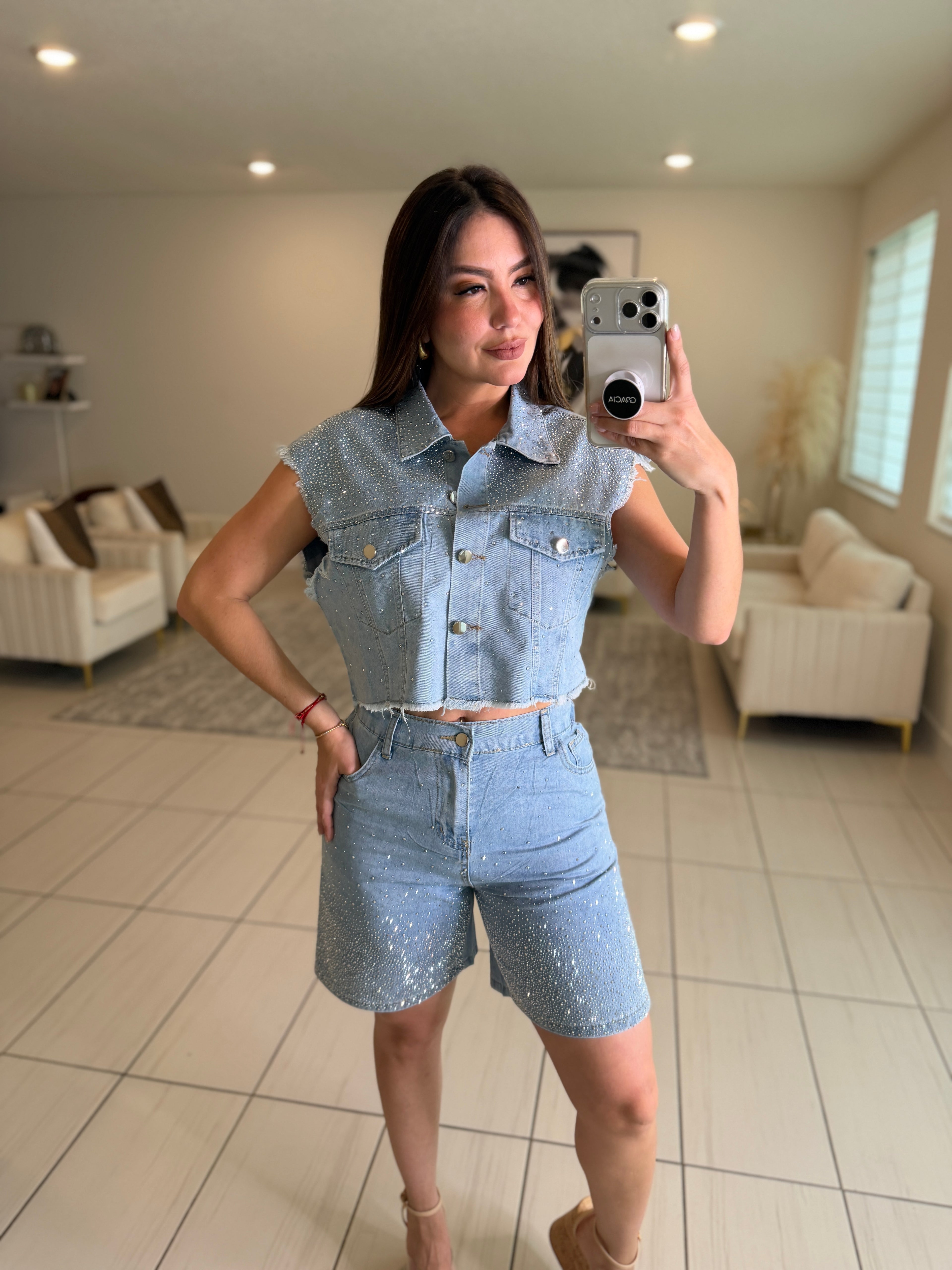 Rhinestones Muse Denim Short Set