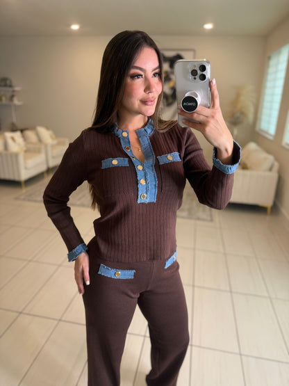 Modern Frame Knit Brown Pant Set