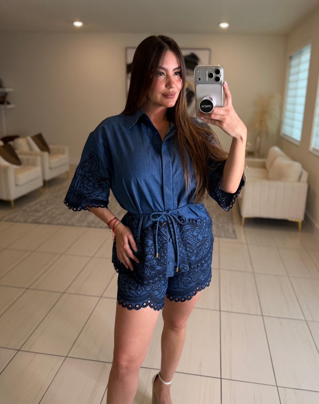 Paradise Embroidered Denim Short Set