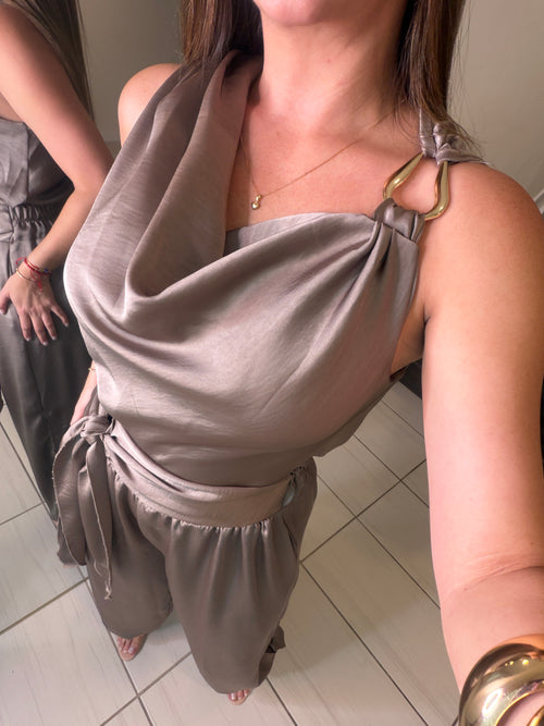 Effortless Essence Ruched Taupe Pant Set