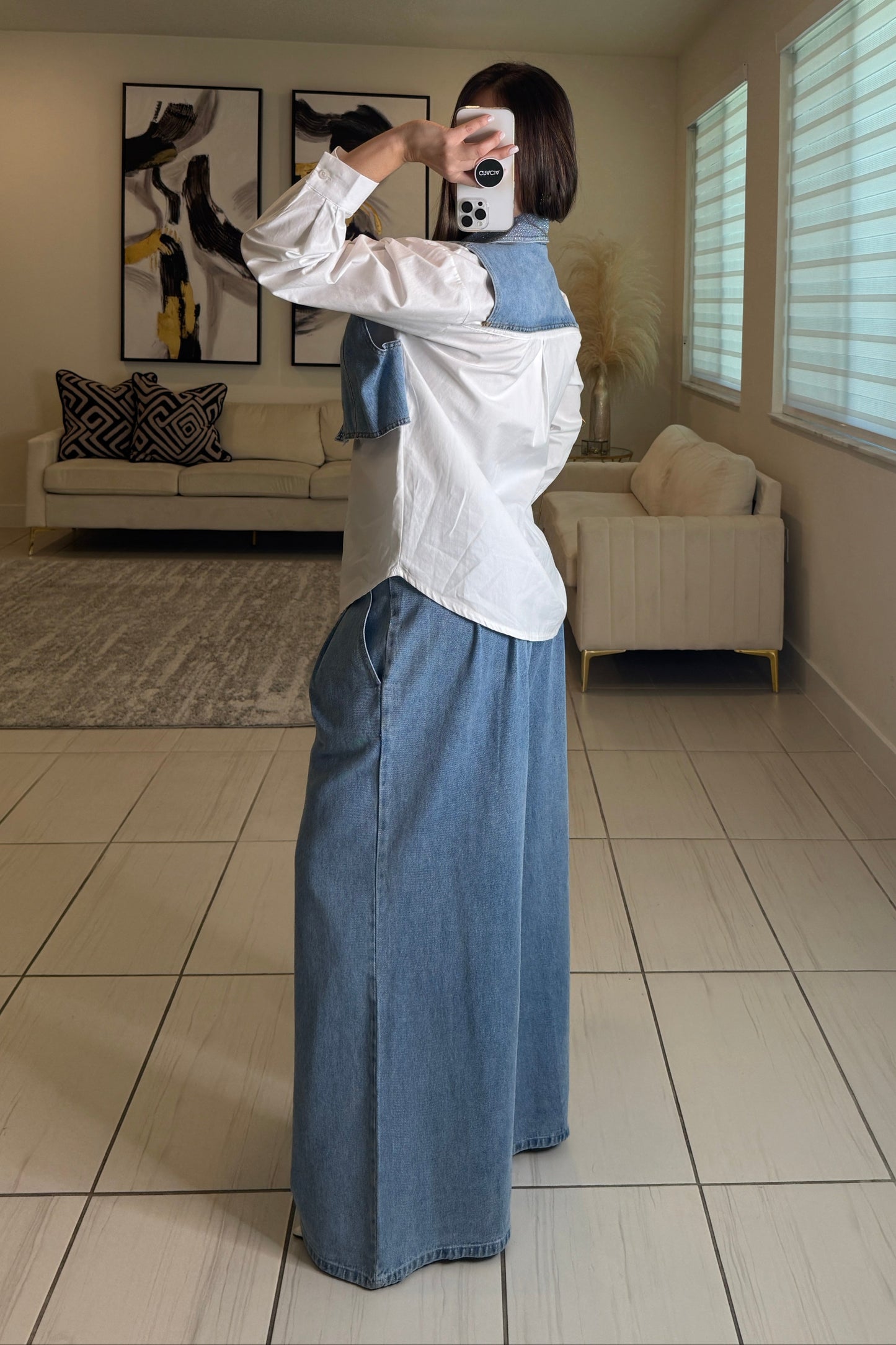 Pintuck Wide Leg Denim Pants