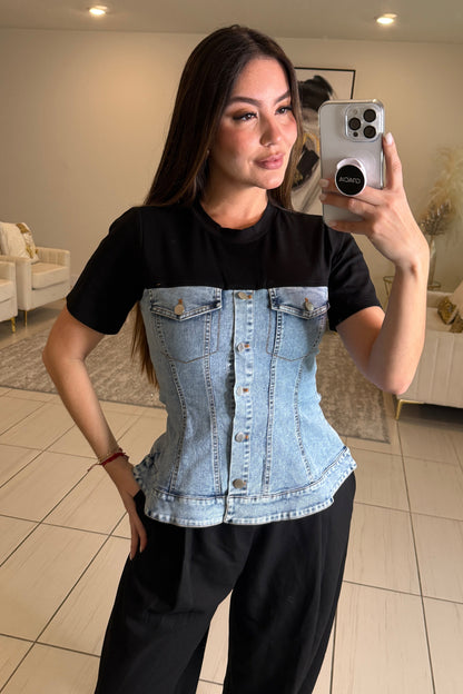 Draped Contrast Black and Denim Top