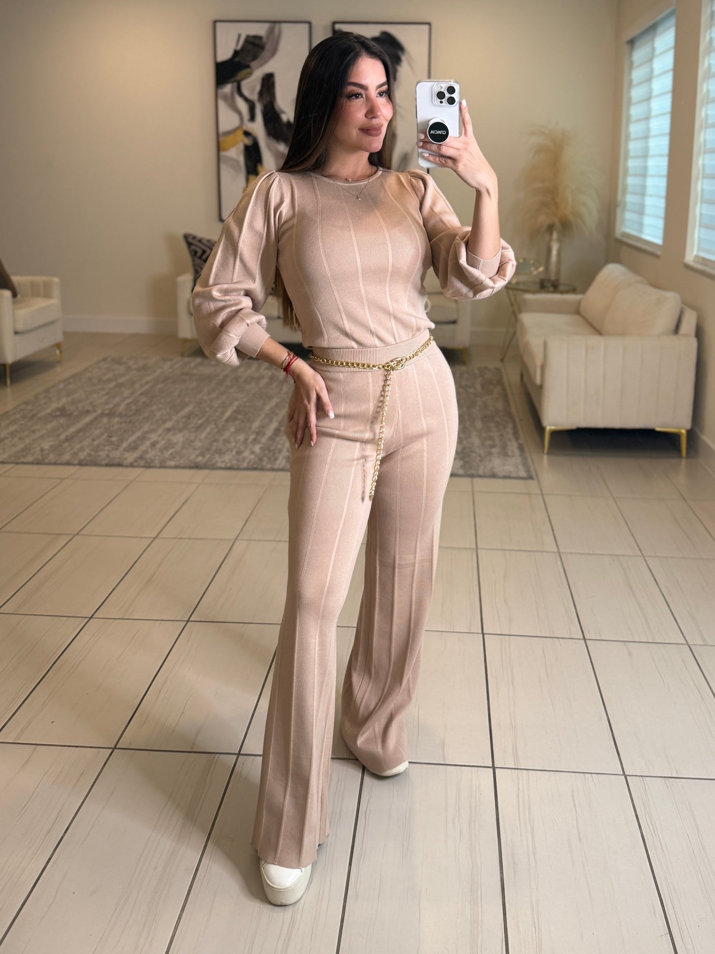 Checkmate Knit Beige Pant Set