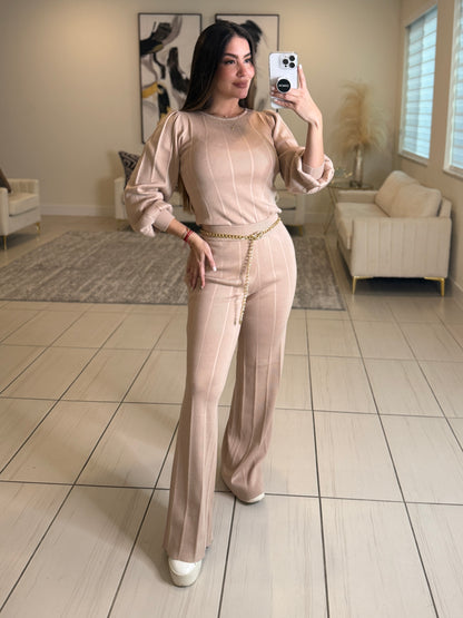 Checkmate Knit Beige Pant Set