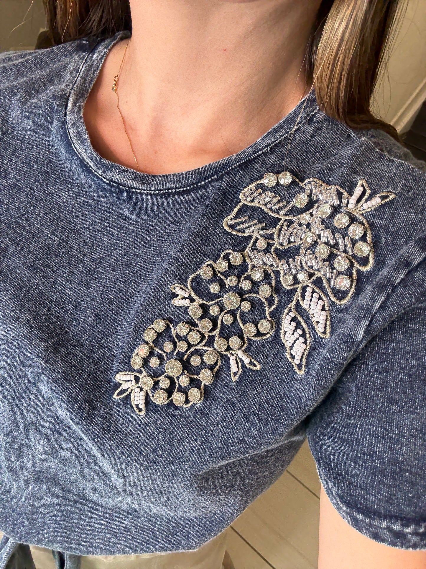 Silver Flowers Blue Top