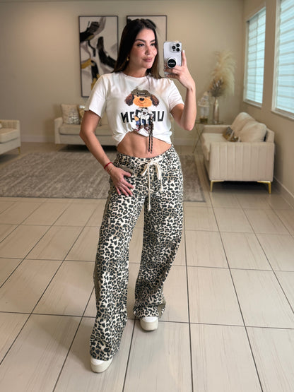 Structured Leopard Denim Pants