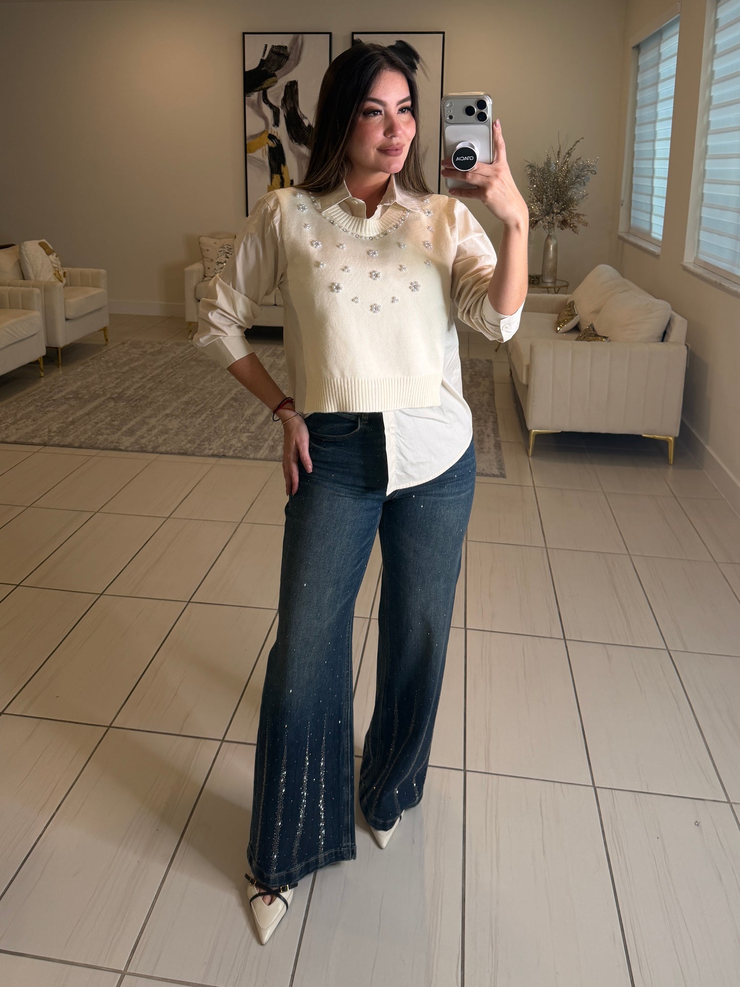 Parisian Pearls Beige Long-Sleeved Top