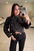Luxe Golden Dots Black Denim Top