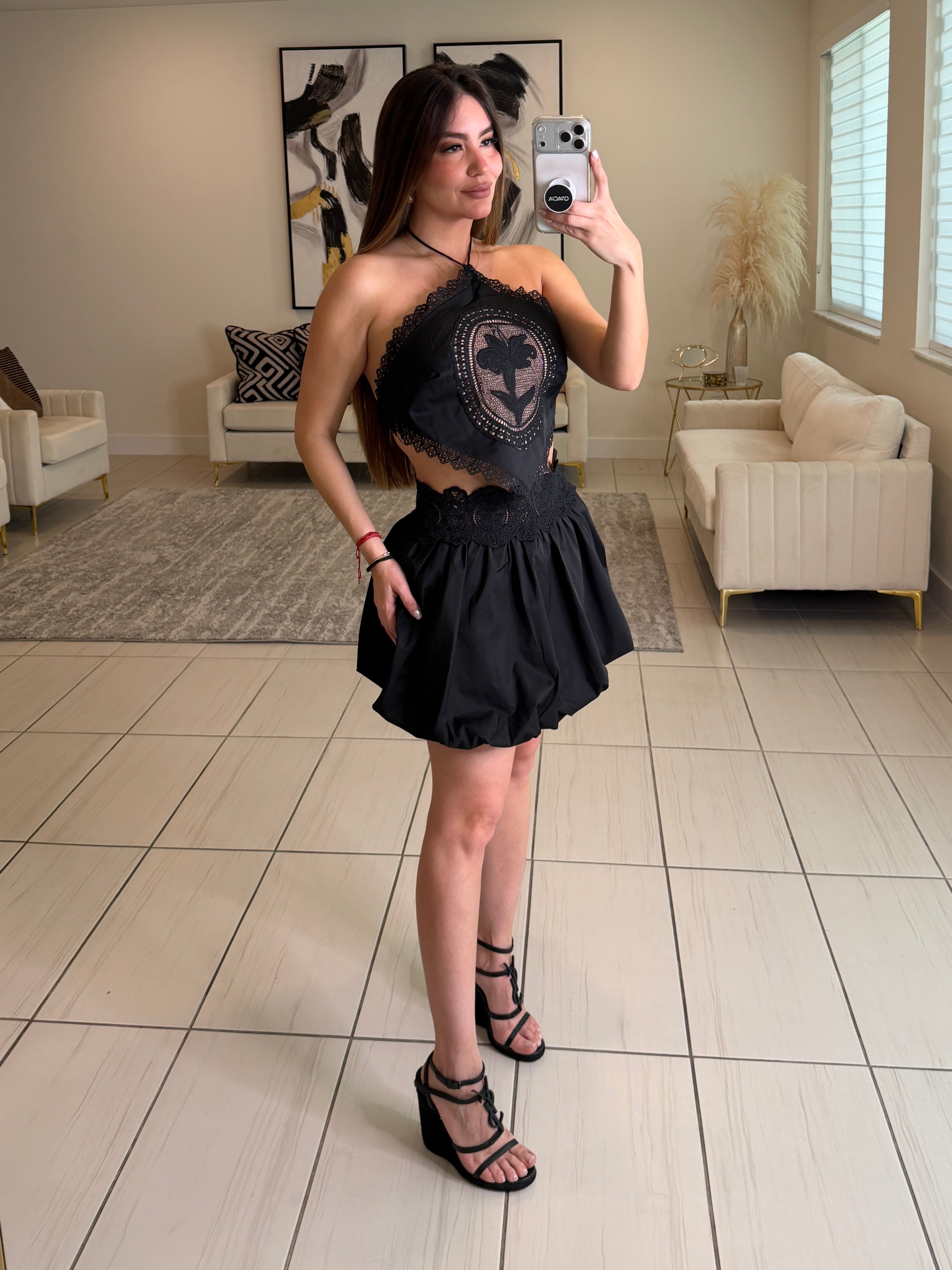Blossom Crochet Black Balloon Skirt Set
