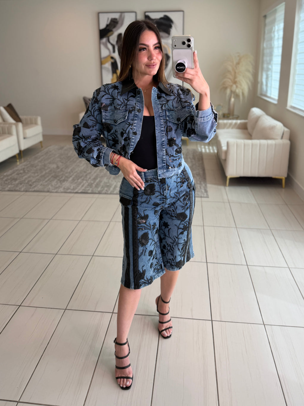 Midnight Bloom Denim Shorts Set