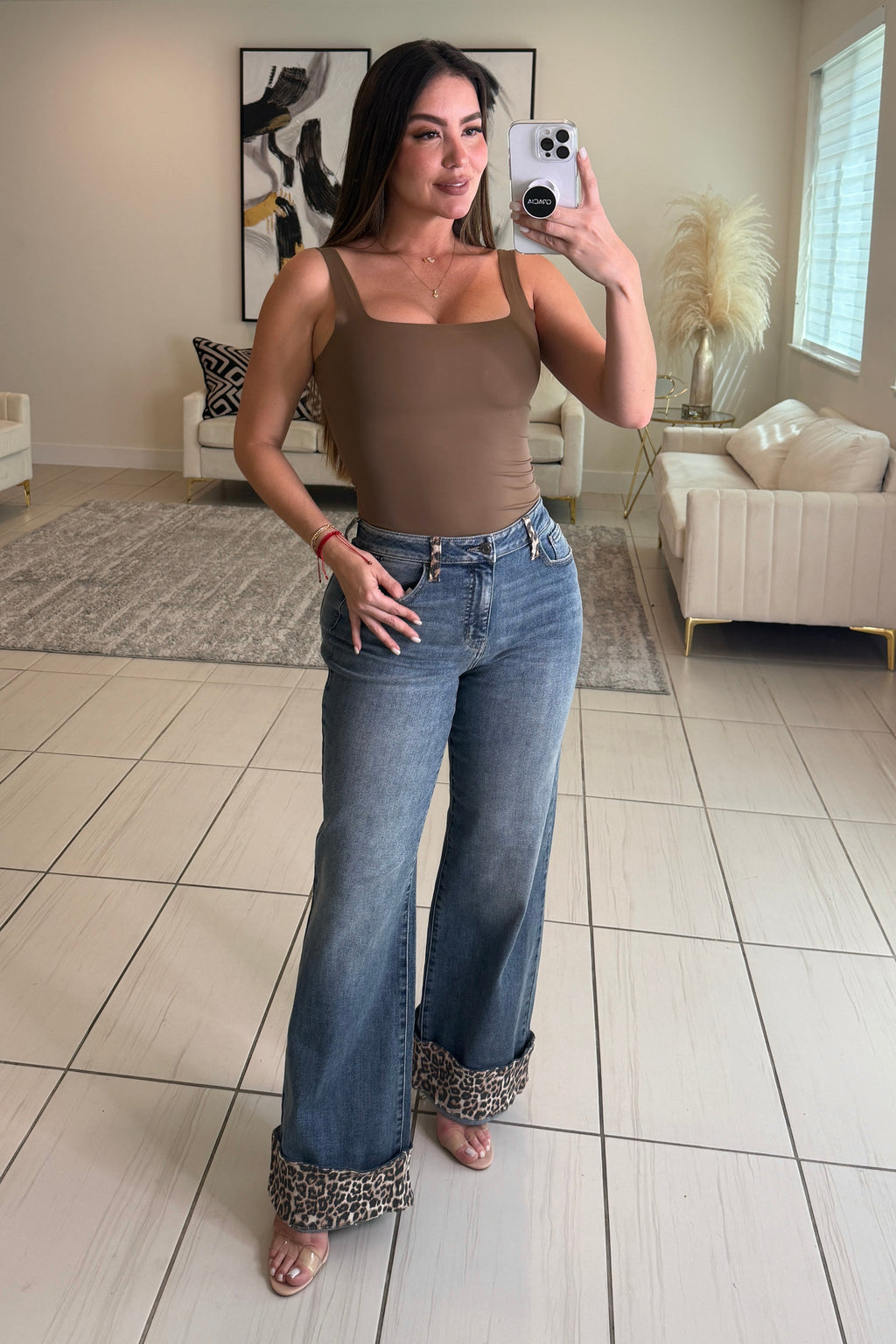 Power Contrast Denim and Leopard Pants
