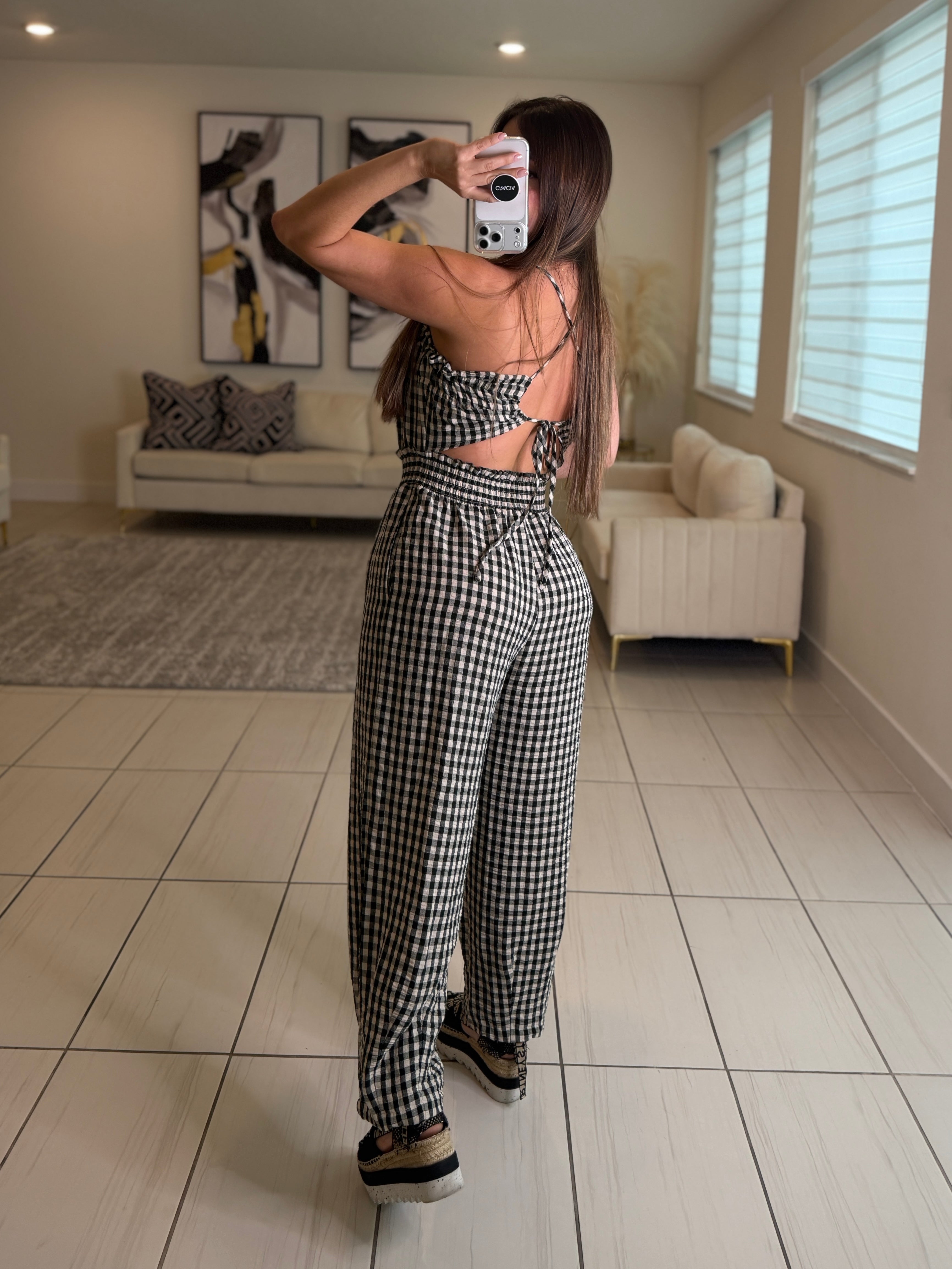 Graceful Plaid Black Barrel Jumpsuit