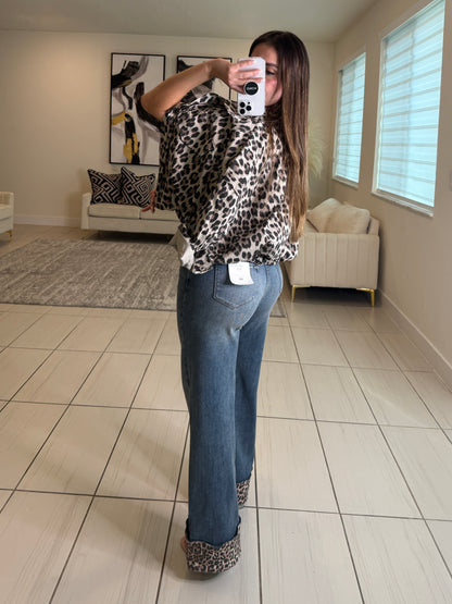 Power Contrast Denim and Leopard Pants