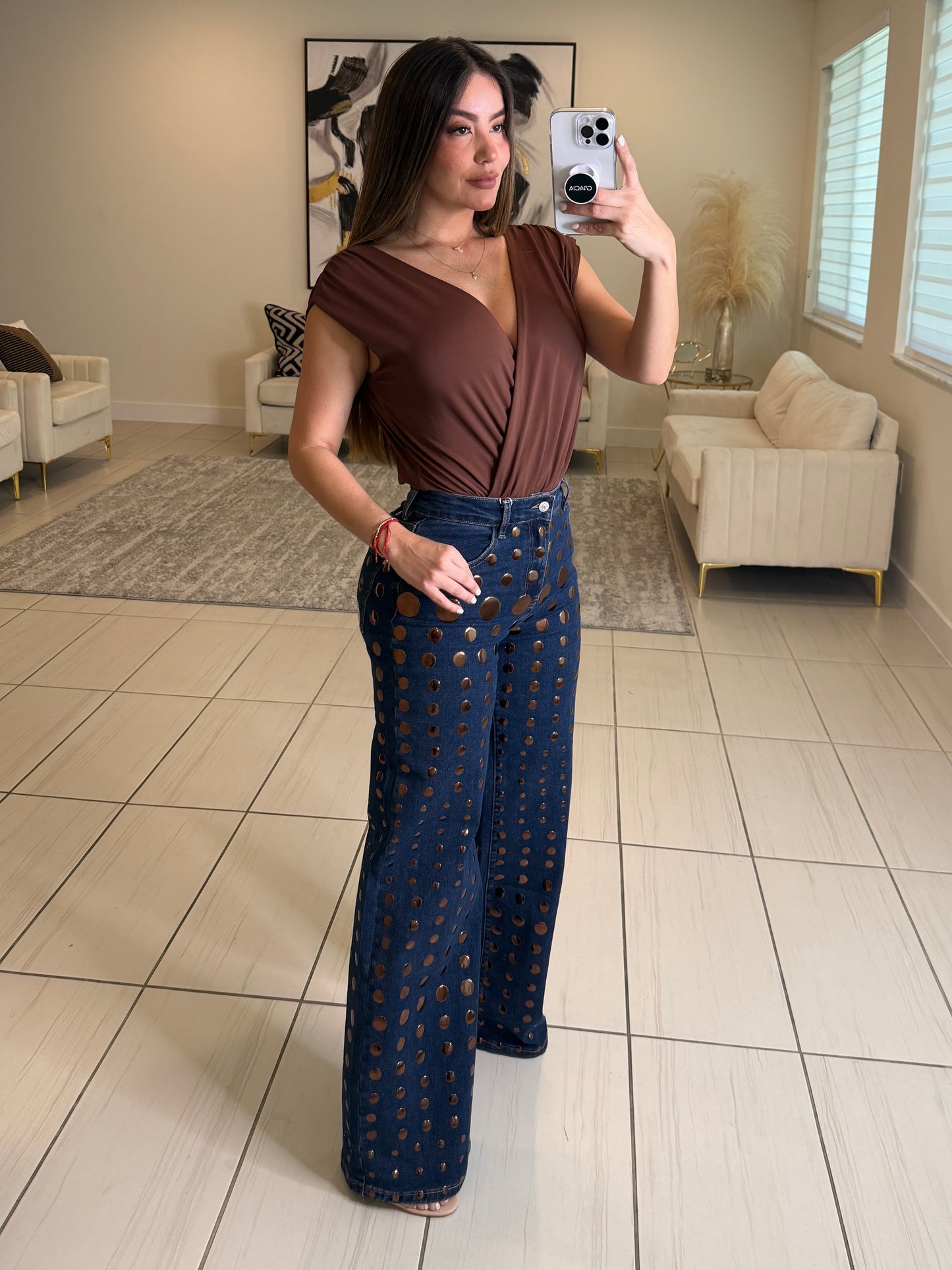 Bronze Shiny Polka Dots Denim Pants