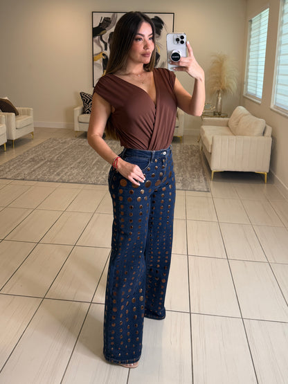 Bronze Shiny Polka Dots Denim Pants