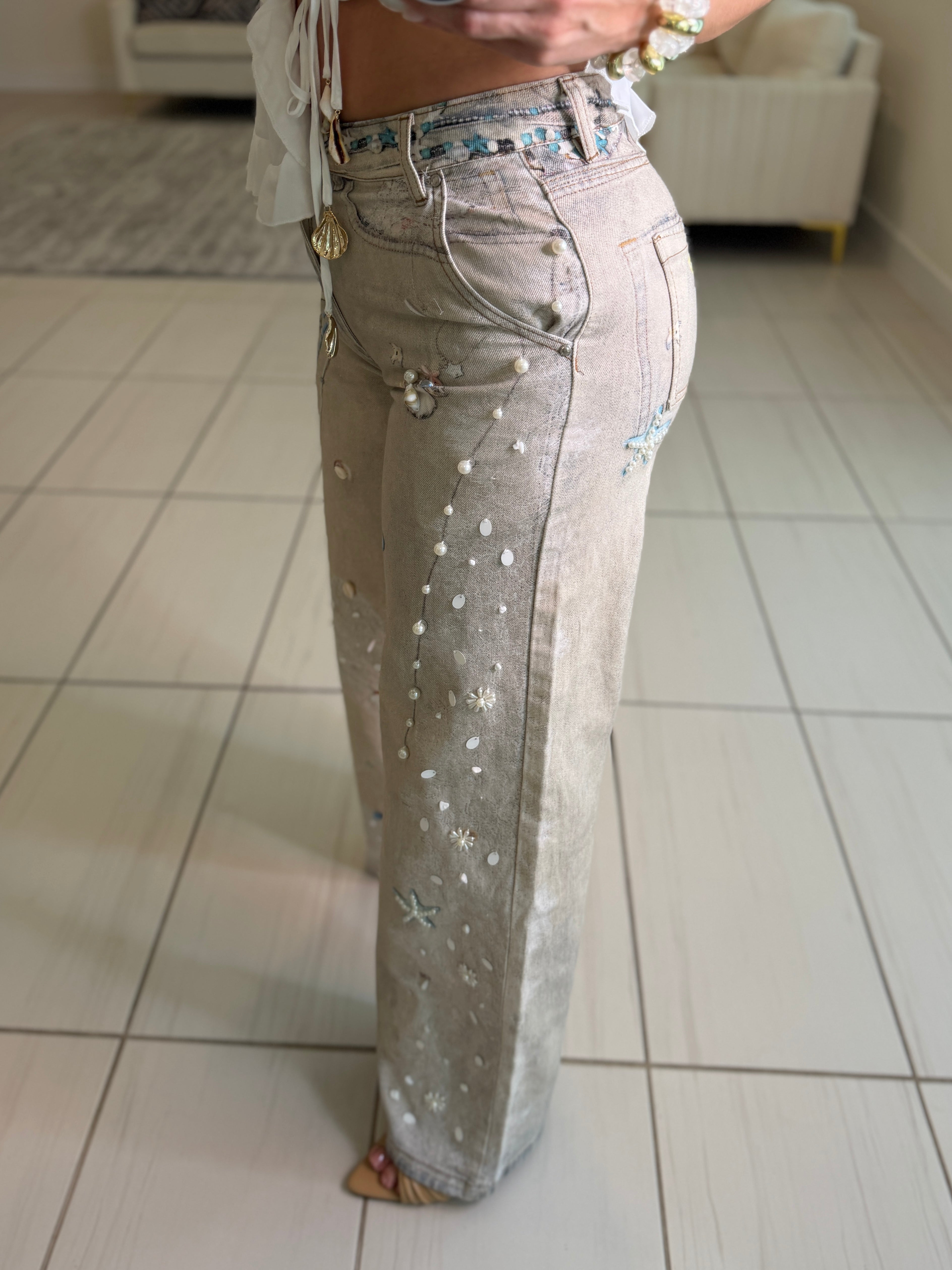 Glam Seashells Beige Denim Pants