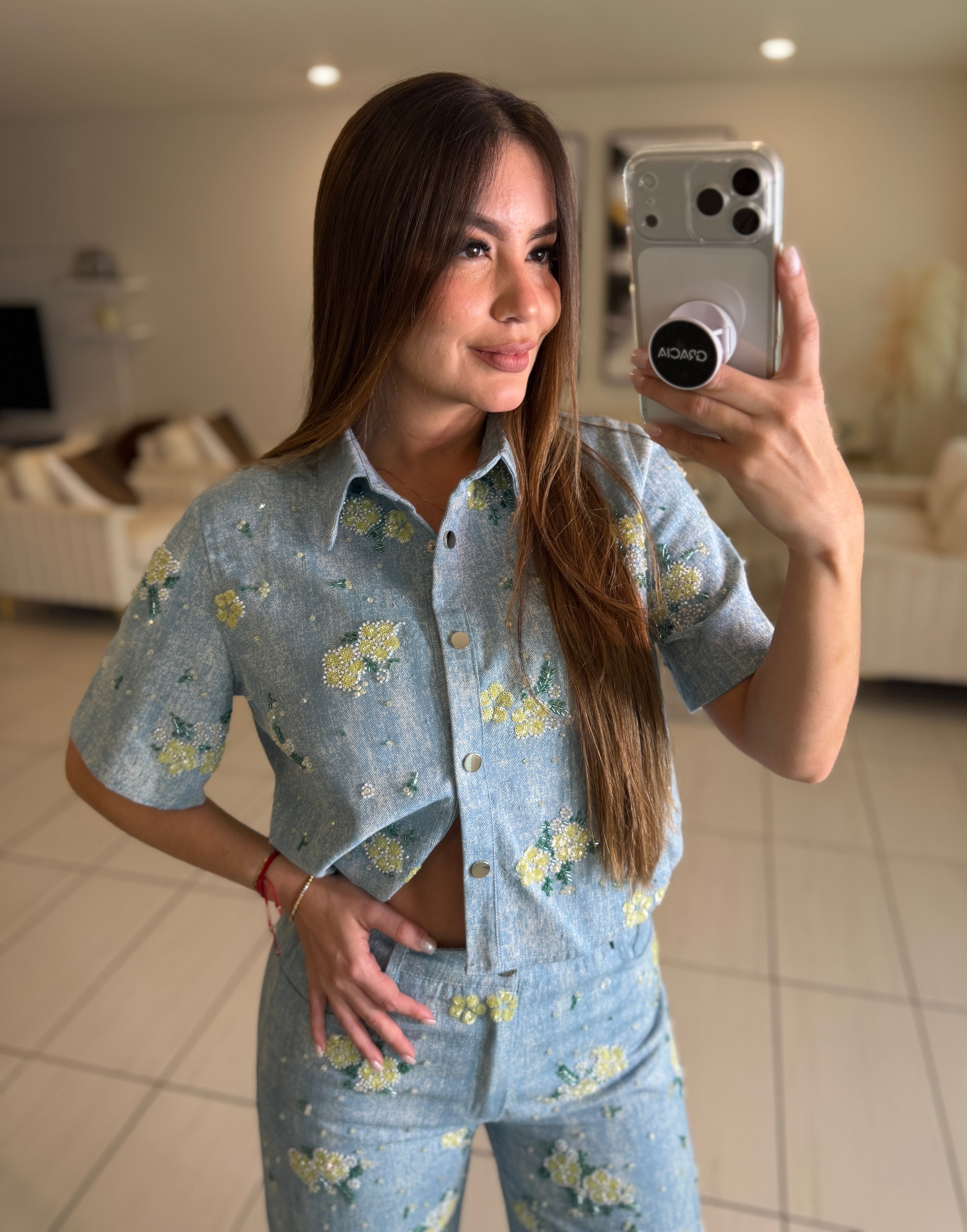 Blossom Sequin Denim Pant Set