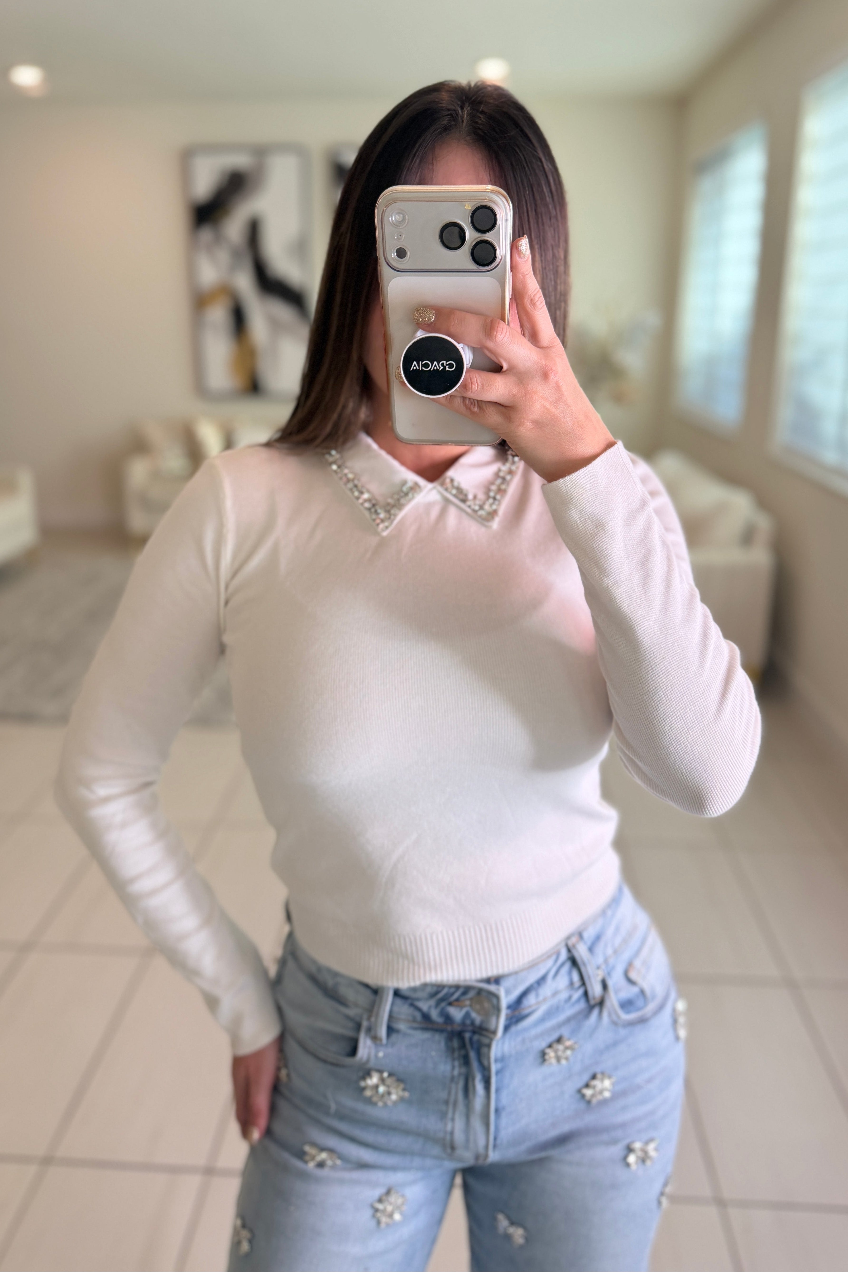 Luxe Charm White Sweater Top