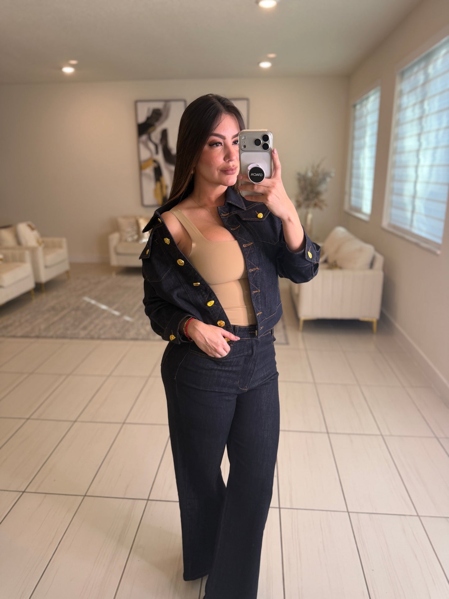 Luxe Gold Button Denim Pant Set