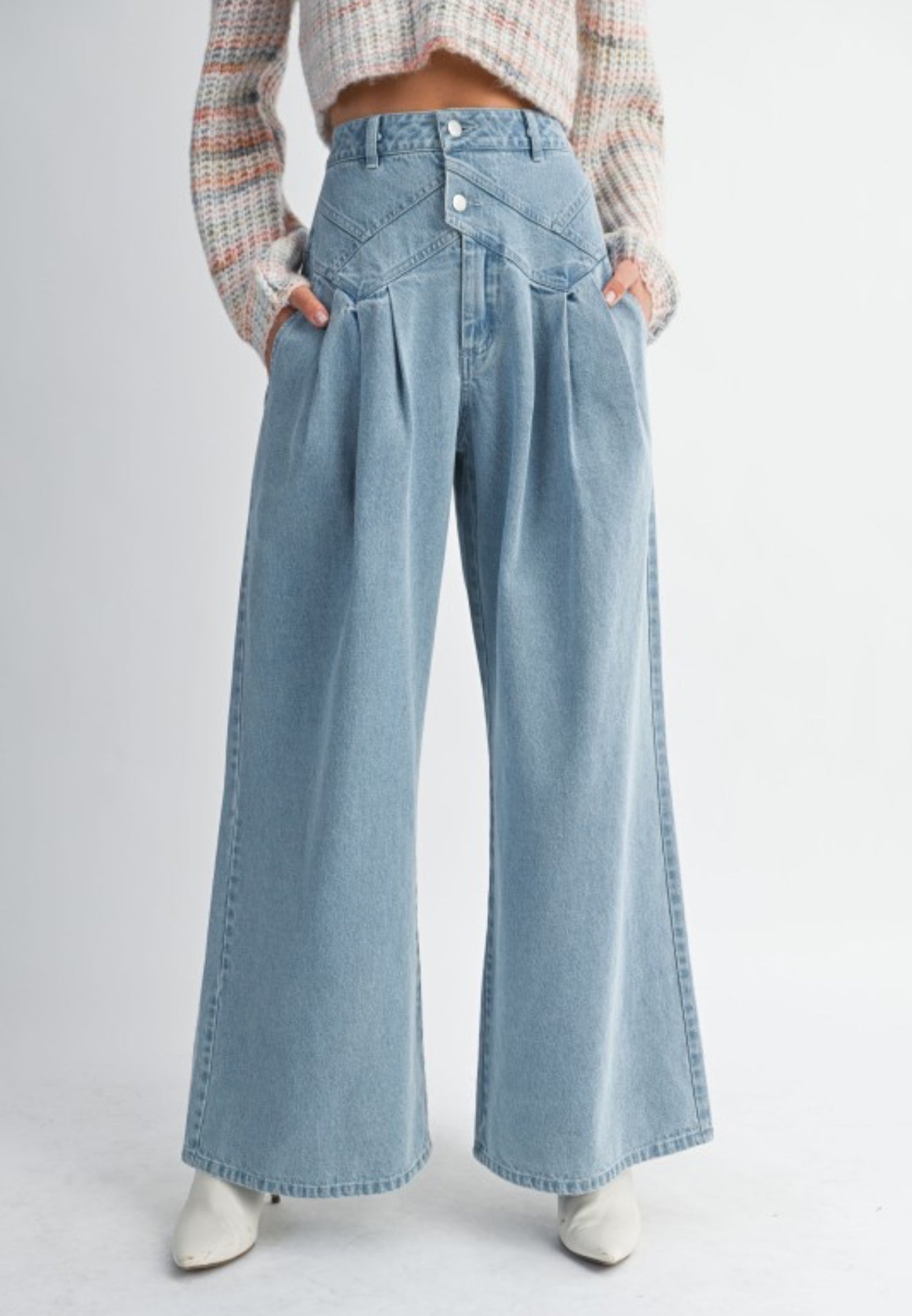 Pintuck Wide Leg Denim Pants