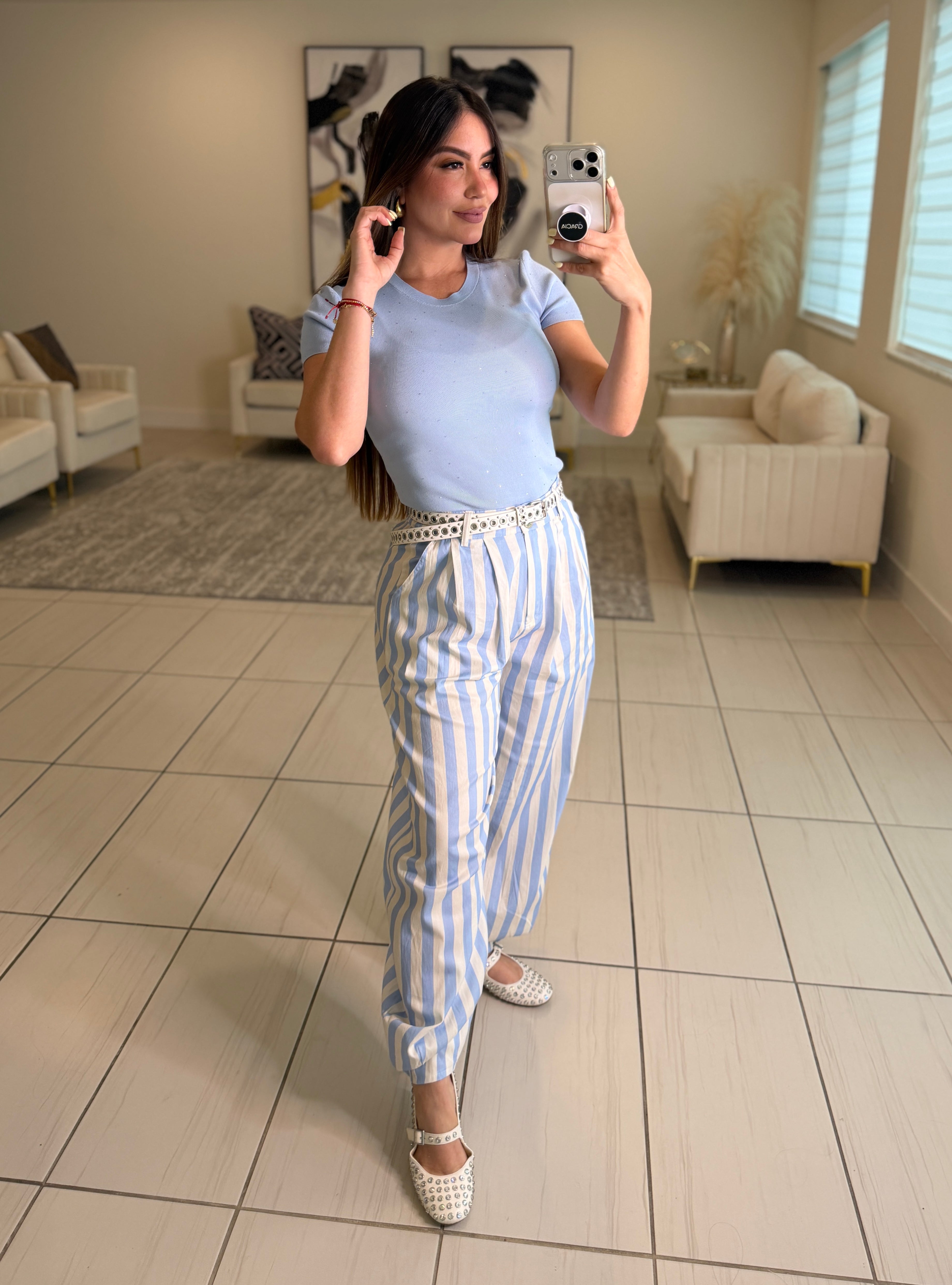 Italian Stripes Light Blue Barrel Pants