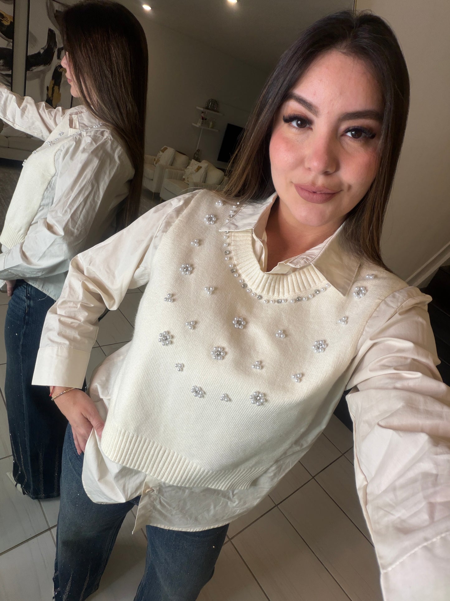 Parisian Pearls Beige Long-Sleeved Top