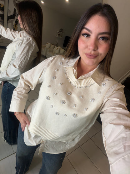Parisian Pearls Beige Long-Sleeved Top