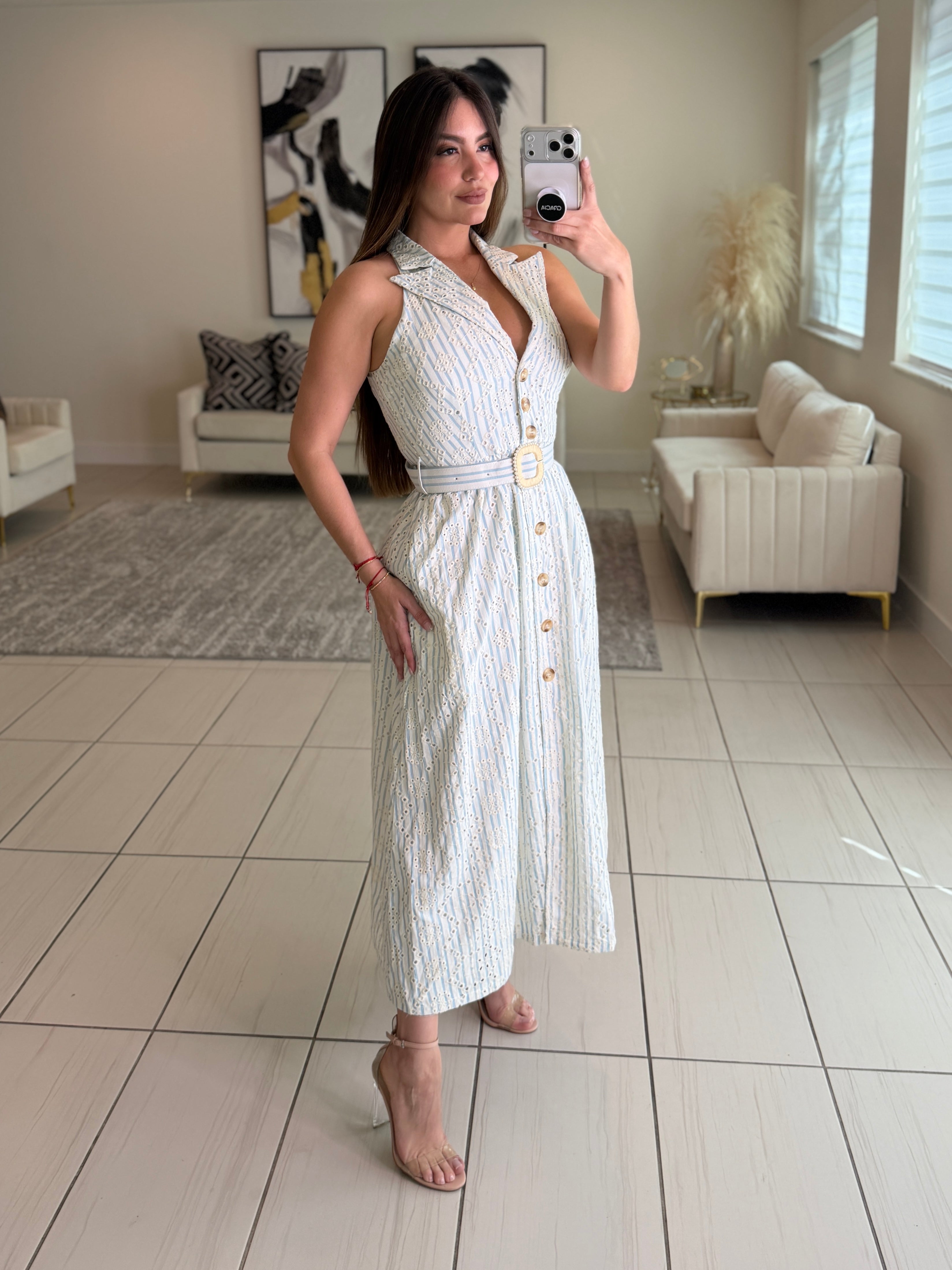 Romantic Stripes Eyelet Blue And White Dress