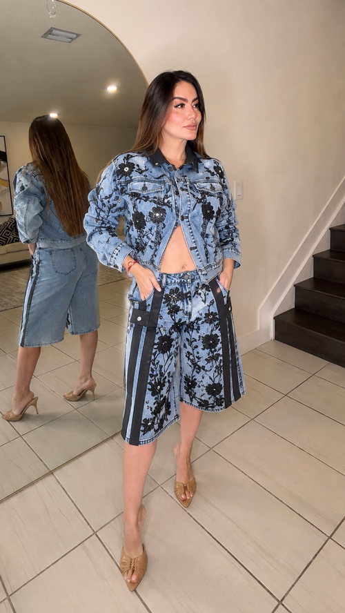 Midnight Bloom Denim Shorts Set