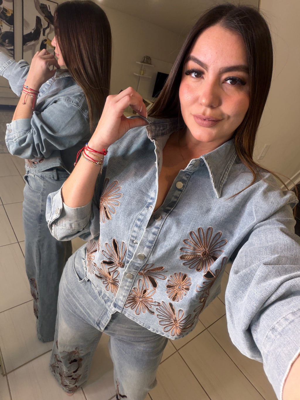 Brown Blossoms Denim Pant Set