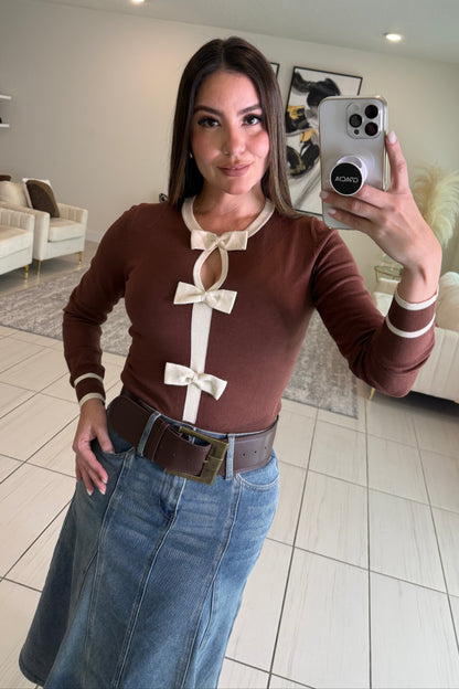 Cutest Bow Brown Sweater Top